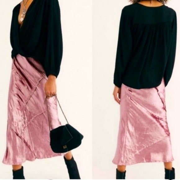 Free People Serious Swagger crushed velvet midi skirt Pink Romantic - Picture 1 of 11